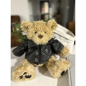 VTG 1997 Build A Bear~  Curly Teddy Bear Faux Leather Paws Motorcycle Jacket